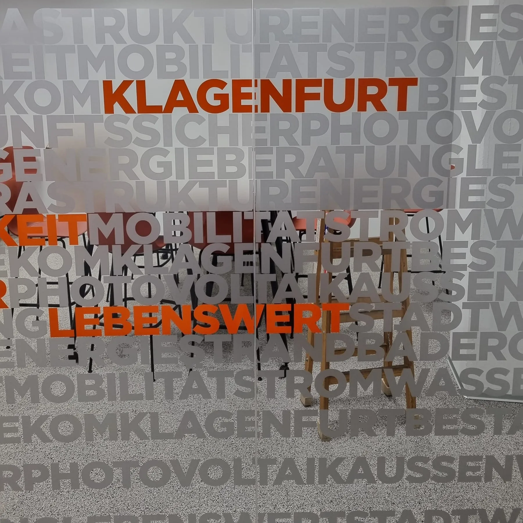 Nahaufnahme der Wortwolken-Folie: „Klagenfurt“ und „lebenswert“ in Orange zwischen grauen Begriffen