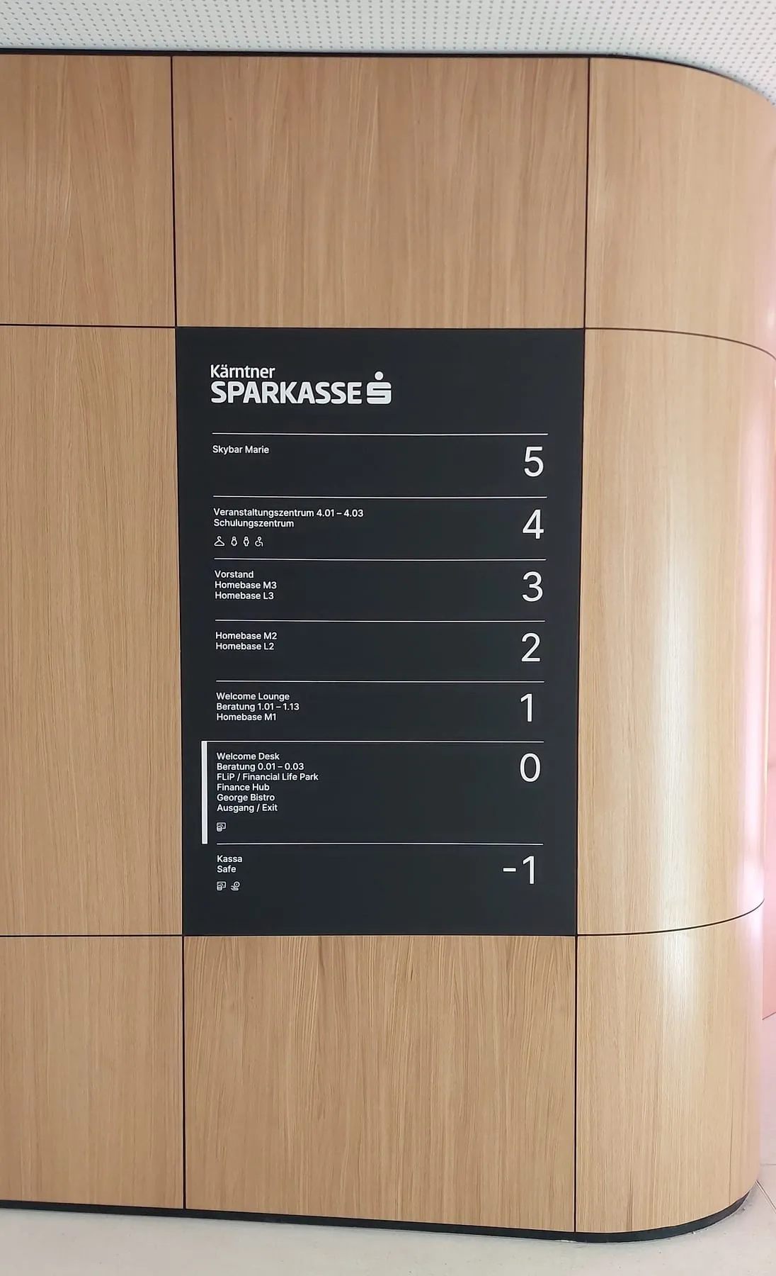 Etagenwegweiser der Kärntner Sparkasse an einer Holzverkleidung in der Filiale am Neuen Platz