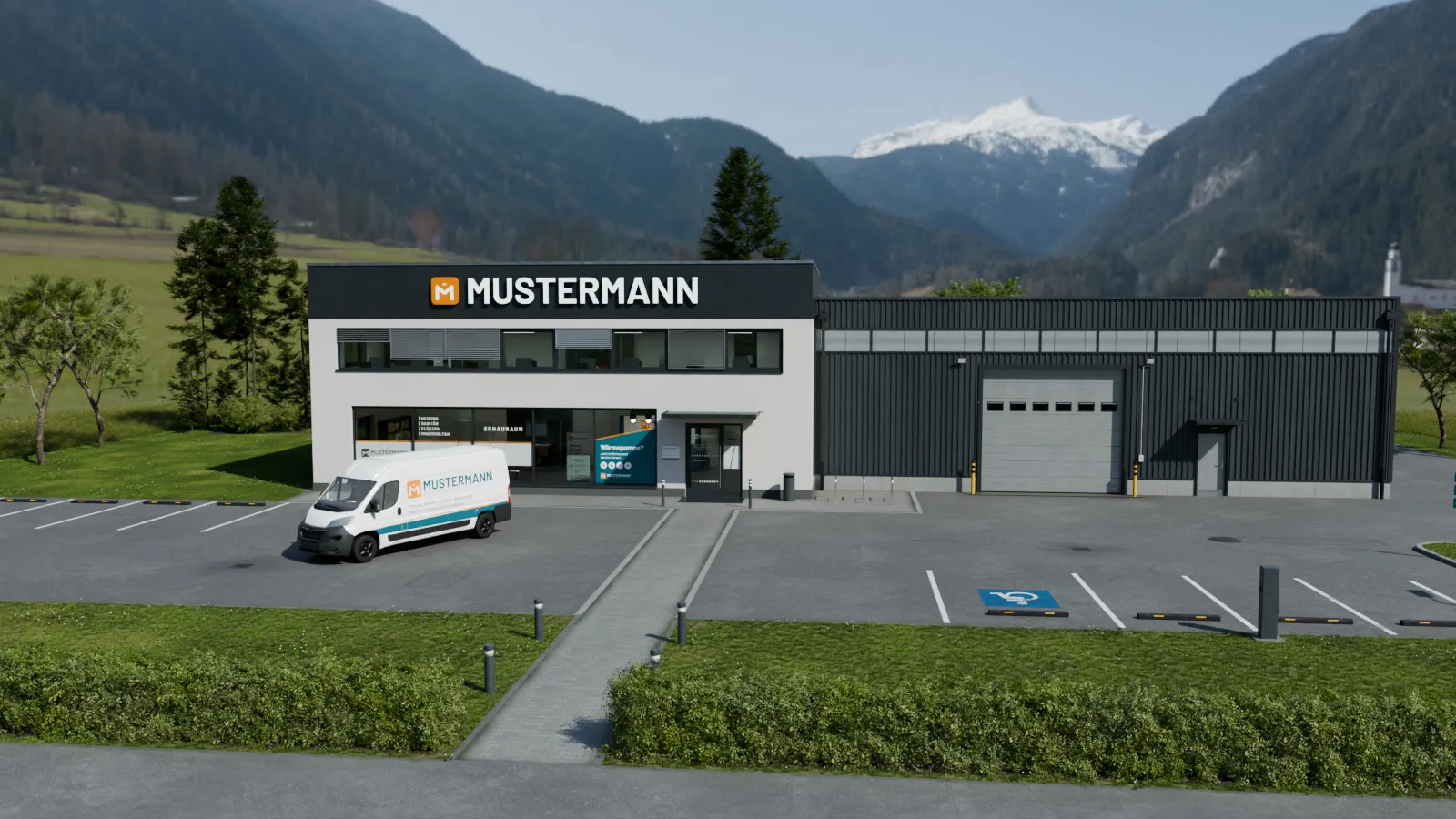 Musterfirma Mustermann Haustechnik von der Straße aus: Bürogebäude mit Leuchtbuchstaben, Schaufenster, Werkstatthalle, Firmenwagen, Pylon, Fahnen und Wegweiser, im Hintergrund die Berge