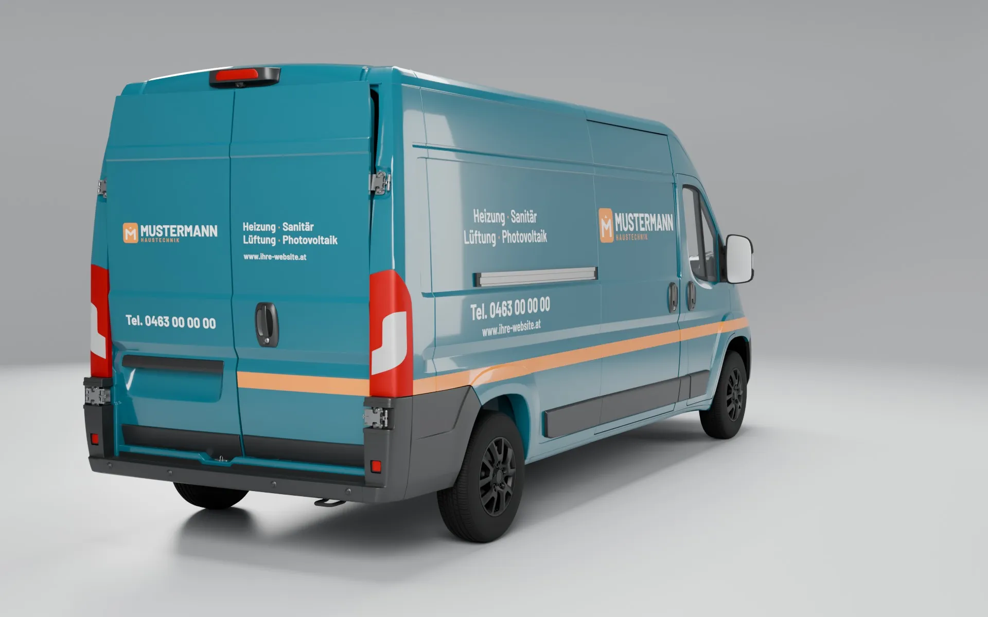 Transporter der Musterfirma schräg von hinten (Heck und Beifahrerseite), mit Vollfolierung: das ganze Auto in Petrol mit orangem Band