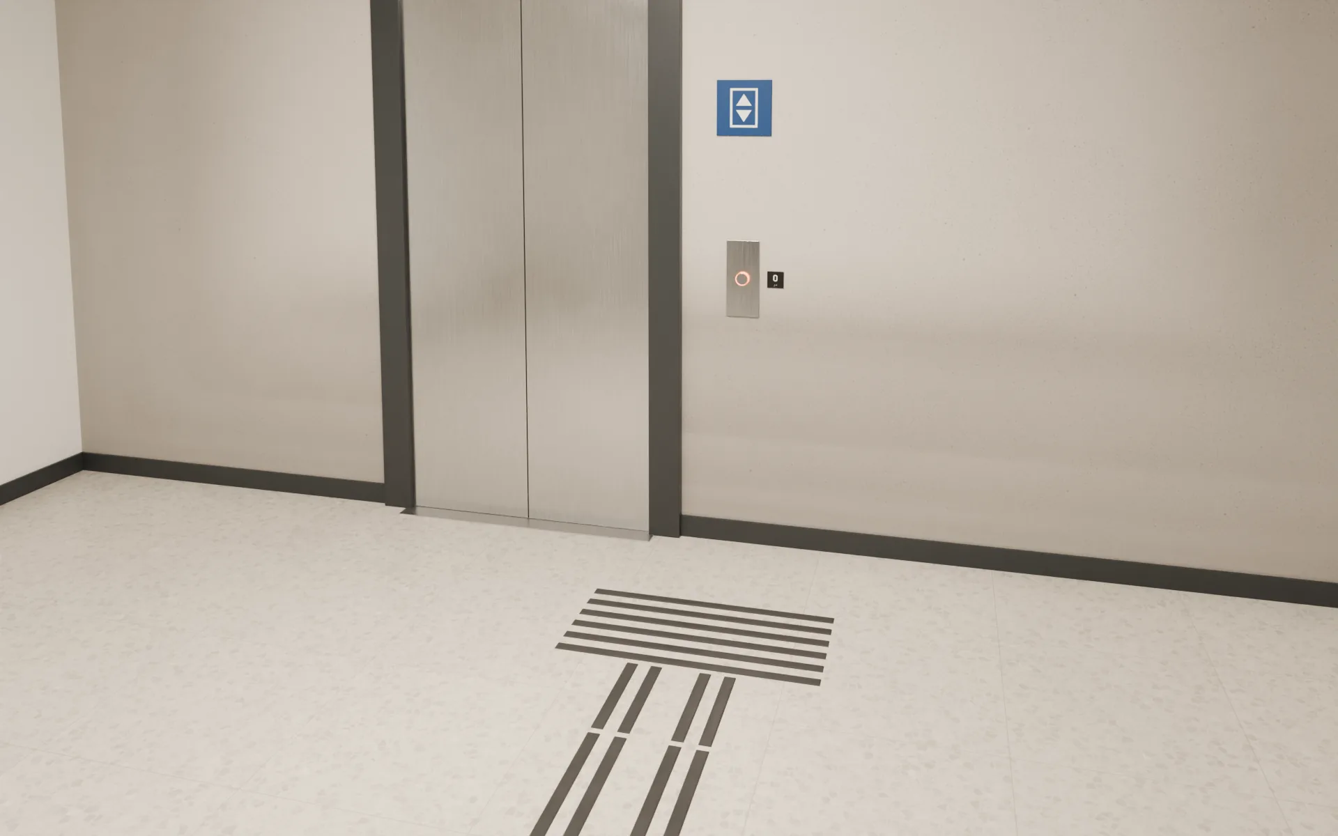 Vergrößerter Ausschnitt: Ruftaste des Lifts, rechts daneben ein kleines schwarzes Schild mit der Ziffer 0 und Brailleschrift.