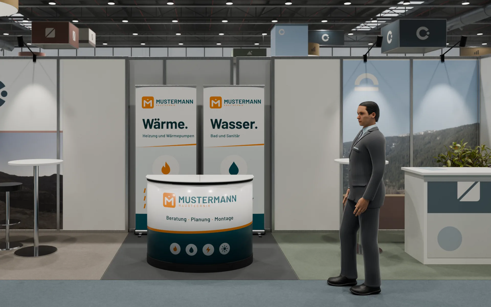 Beispielansicht, am Computer erstellt: Koffer-Theke mit Logo vor zwei Rollups auf einem kleinen Messestand